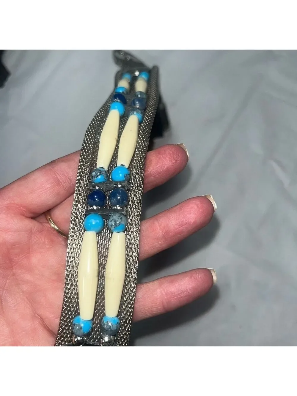 Vintage silver mesh belt embellished with beads motifs 80s native American style